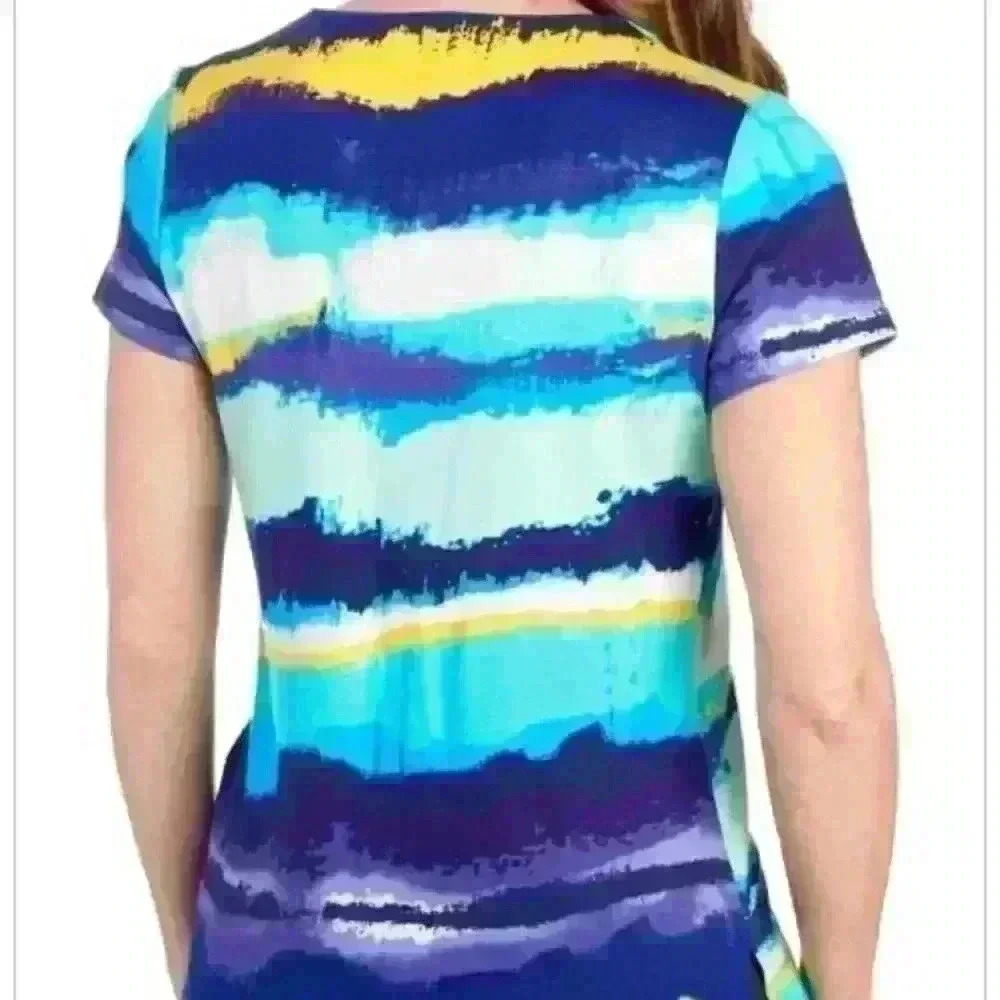 ANNE KLEIN SPORT 2for 1 Watercolor Stripe Split Neck Tee AND purple splash - Picture 3 of 13